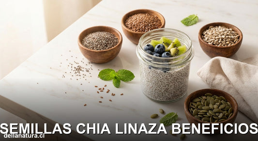 Semillas chia linaza beneficios: variedad de semillas saludables en bowls de madera