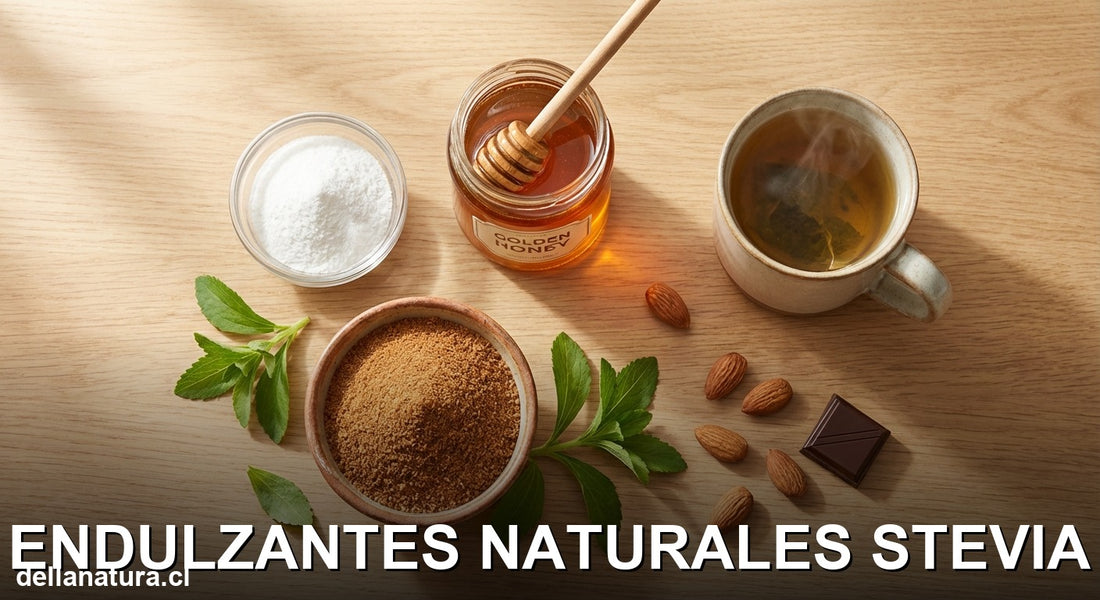 Endulzantes naturales stevia, miel y azúcar de coco como alternativas saludables al azúcar refinada