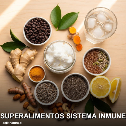 Superalimentos para fortalecer el sistema inmune: cacao, aceite de coco, jengibre y semillas sobre mesa de madera