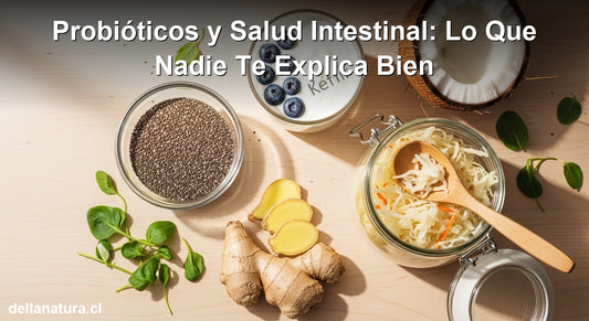Alimentos probióticos para la salud intestinal: chía, kéfir, chucrut y jengibre sobre mesa de madera