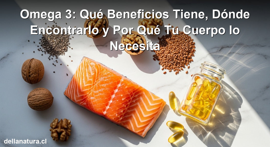 Omega 3 beneficios fuentes naturales: salmón, nueces, chía y aceite de pescado