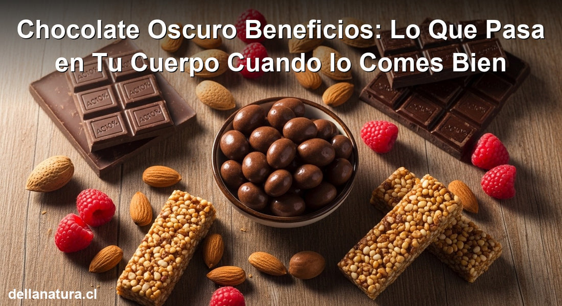 Chocolate oscuro beneficios: snacks naturales con cacao, almendras y frambuesas sobre mesa de madera