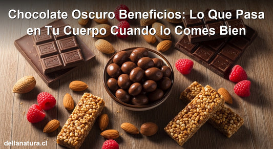 Chocolate oscuro beneficios: snacks naturales con cacao, almendras y frambuesas sobre mesa de madera