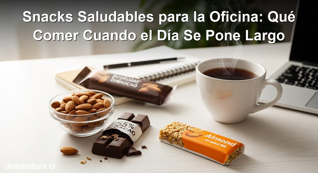 Snacks saludables para la oficina sobre escritorio de madera con té y barras naturales