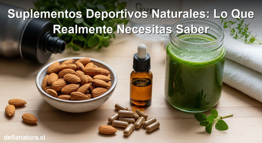 Suplementos deportivos naturales sobre superficie de madera con almendras y aceites esenciales