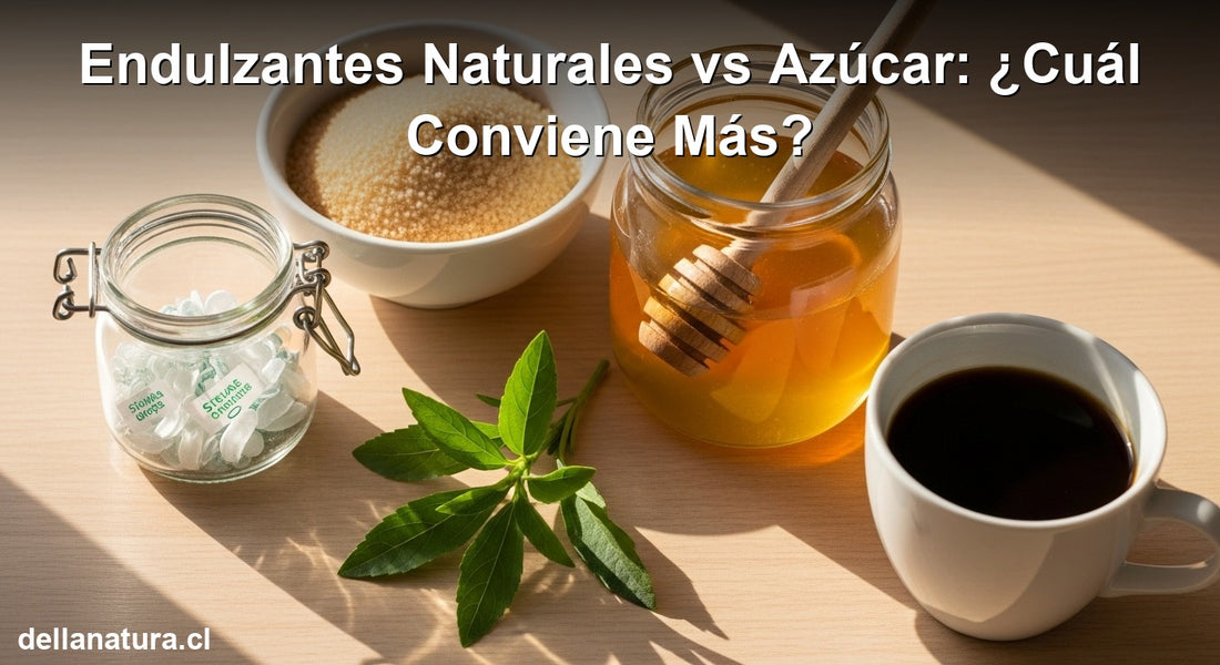 Endulzantes naturales stevia y otras alternativas al azúcar sobre mesa de madera