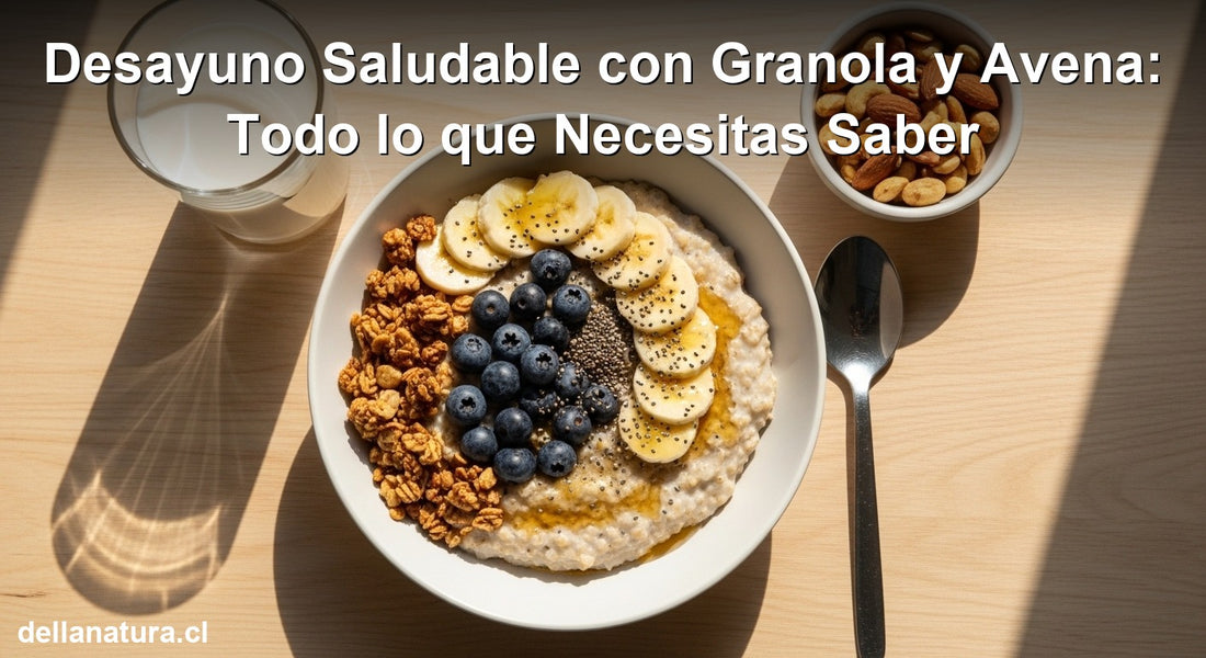 Desayuno saludable con granola y avena en bowl con frutas frescas y bebida vegetal