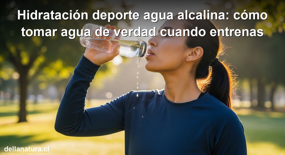 Persona hidratándose con agua alcalina durante entrenamiento deportivo al aire libre