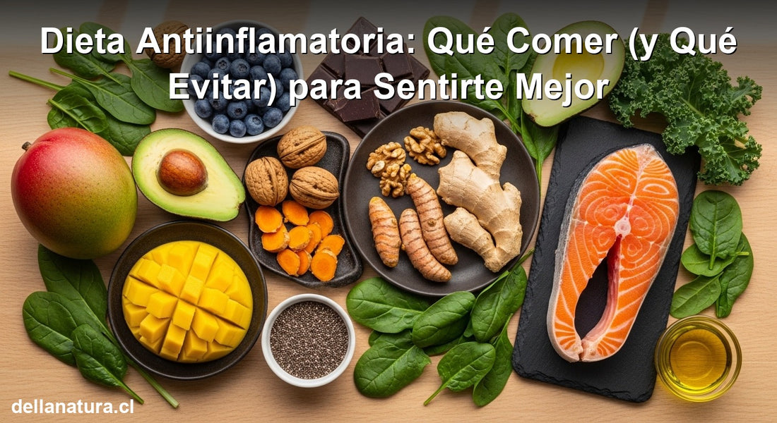 Selección de alimentos para dieta antiinflamatoria sobre mesa de madera