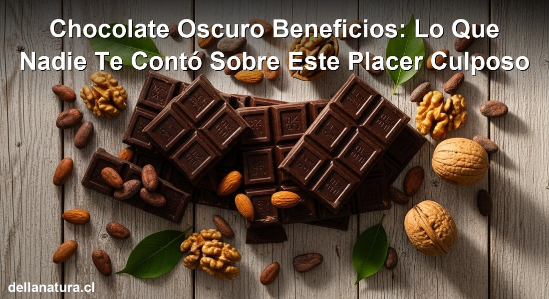 Chocolate oscuro beneficios: piezas de cacao 85% con nueces y granos de cacao sobre madera