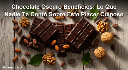 Chocolate oscuro beneficios: piezas de cacao 85% con nueces y granos de cacao sobre madera