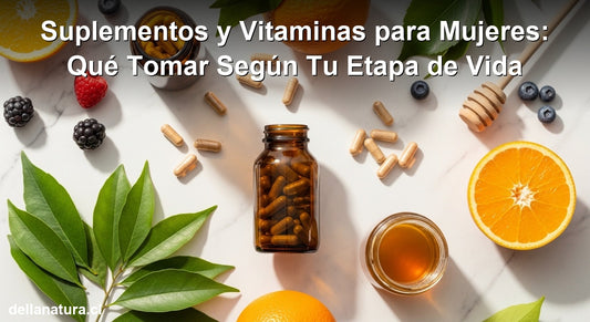 Suplementos mujer vitaminas naturales organizados sobre superficie de mármol blanco