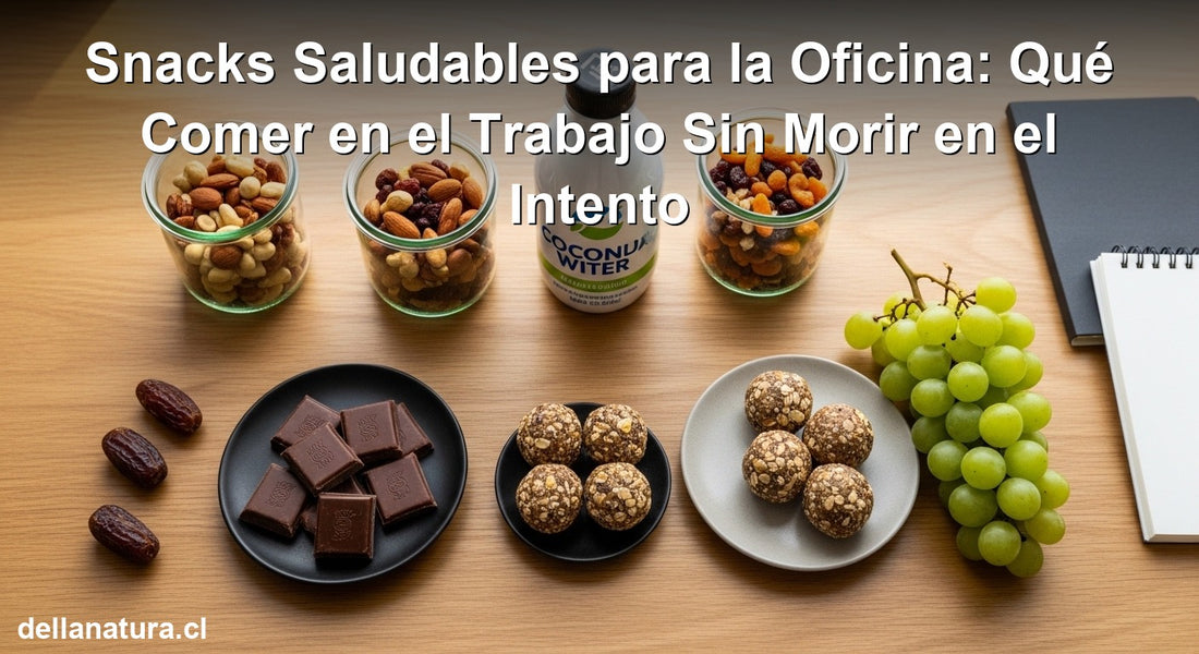 Snacks saludables para la oficina: frutos secos, agua de coco y bombas energéticas sobre escritorio de madera