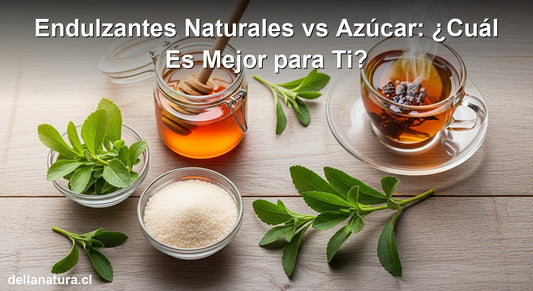 Endulzantes naturales stevia, miel y azúcar de coco sobre mesa de madera