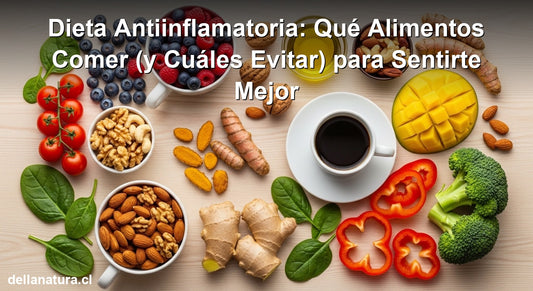 Selección de alimentos para dieta antiinflamatoria sobre mesa de madera natural