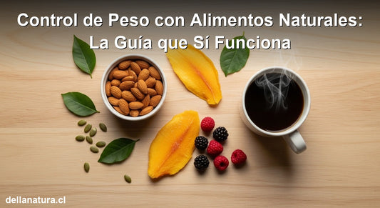 Control de peso con alimentos naturales: almendras, frutas deshidratadas y café sobre mesa de madera