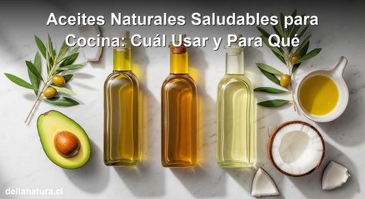 Aceites naturales saludables para cocina: coco, palta y oliva sobre superficie de mármol