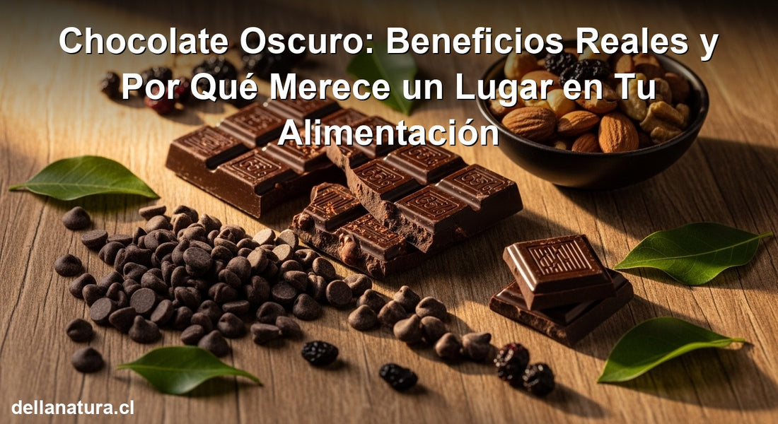 Chocolate oscuro beneficios: chips, tableta y nueces sobre mesa de madera natural