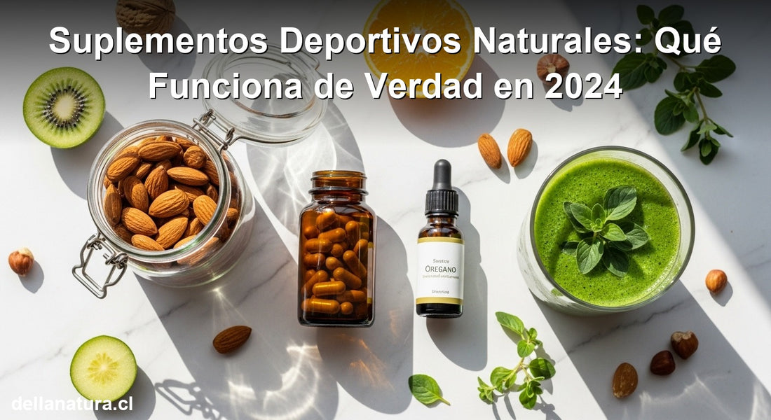Suplementos deportivos naturales sobre superficie de mármol con almendras y frutas frescas