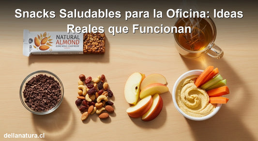 Snacks saludables para la oficina distribuidos sobre un escritorio de madera
