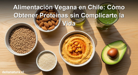 Guía de alimentación vegana en Chile con proteínas: alimentos vegetales naturales sobre mesa de madera