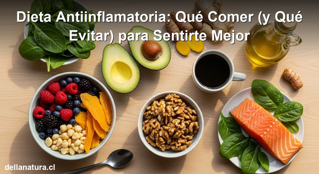 Dieta antiinflamatoria alimentos naturales: berries, café, aguacate y verduras coloridas