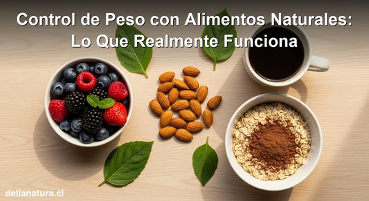 Control de peso con alimentos naturales: almendras, berries, cacao y café sobre mesa de madera
