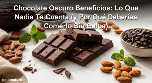 Chocolate oscuro beneficios: trozos de chocolate con alto porcentaje de cacao y granos de cacao sobre mármol