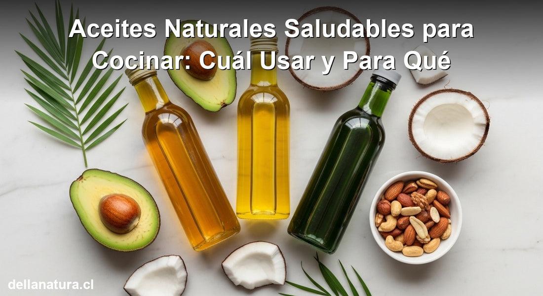 Aceites naturales saludables para cocina sobre superficie de mármol con palta y coco
