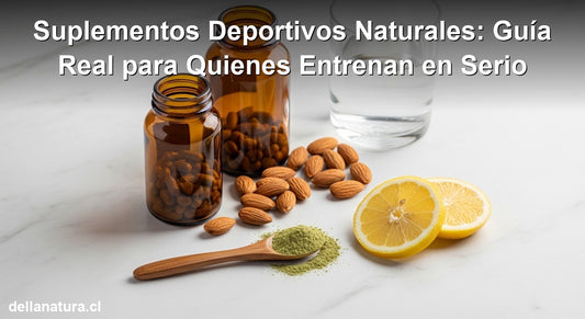 Suplementos deportivos naturales sobre superficie de mármol con almendras y agua