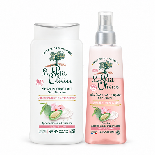 Set COS0251 Le Petit Olivier para cabello normal: shampoo 250 ml y spray desenredante sin enjuague 150 ml, almendra dulce y arroz