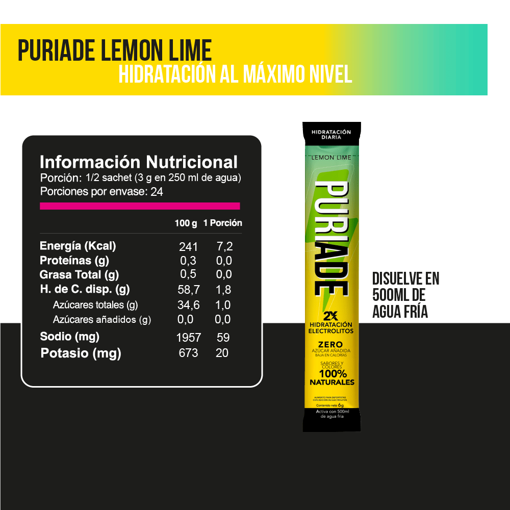 Puriade, Electrolitos en Polvo Sabor Limon